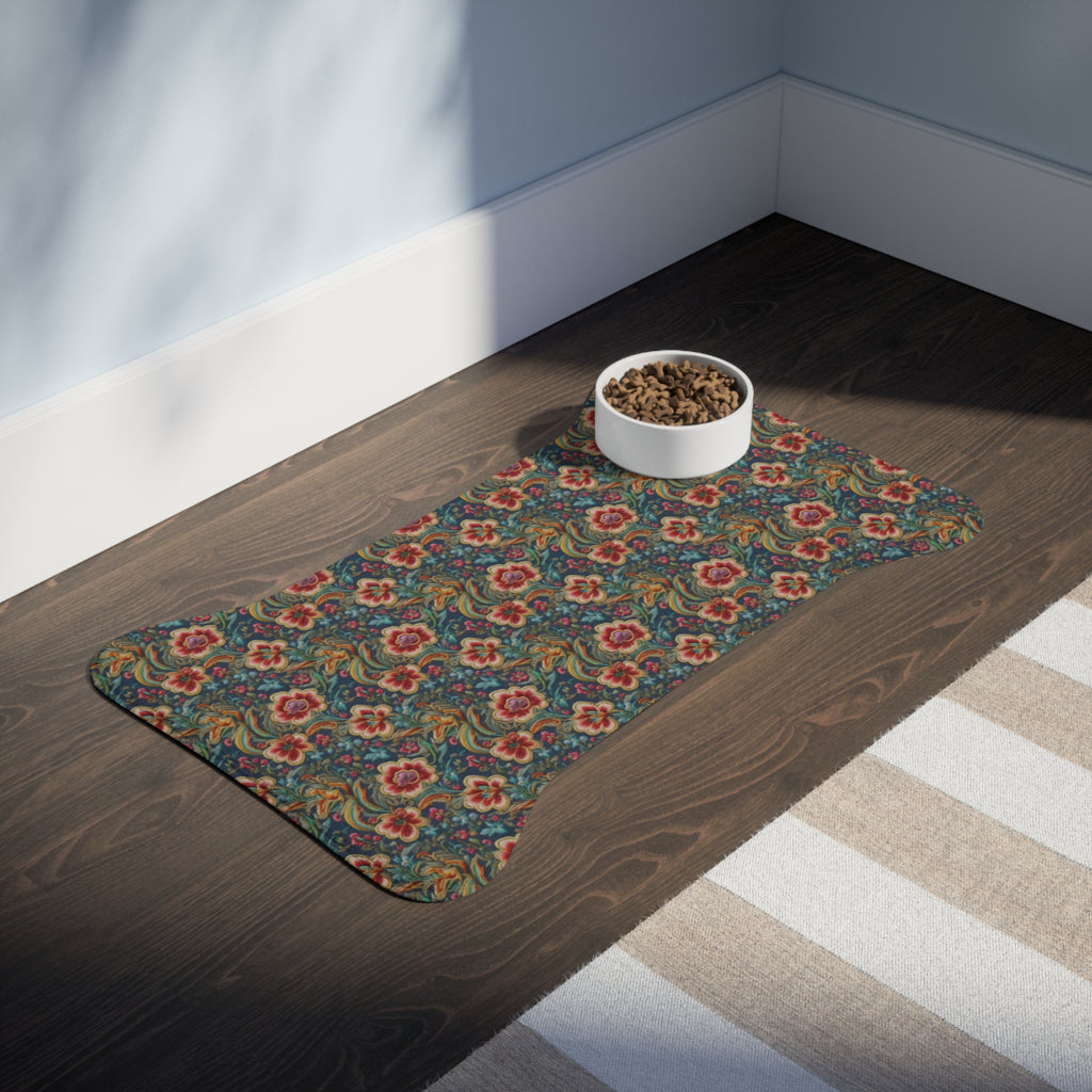 Tapis d'alimentation pour animaux Pet Ze, motif brocart vintage bleu sarcelle à fleurs cramoisies sur fond turquoise.