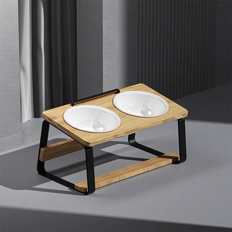 Ceramic Double Bowl Pet Water Feeding Bowl Protect Cervical Spine Cat Food Holder
