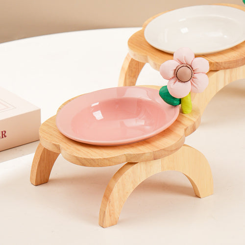 Cat Food Bowl With Wood Holder Stand Flower Shaped Ceramic Food Dish Water Bowl Cat Feeding Drinking Plates Multi Color