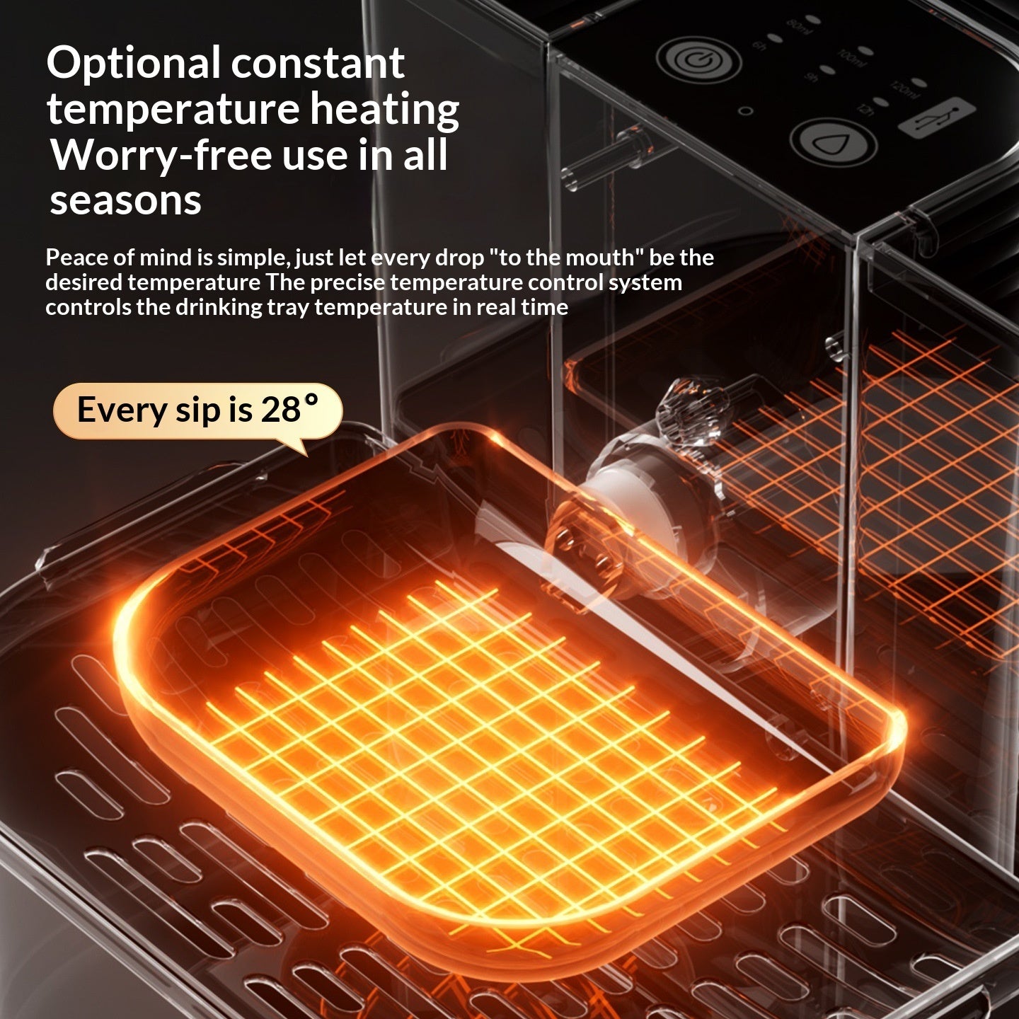 Thermostatically Controlled Plug-Free Pet Water Fountain With Automatic Tilting Feature Flowing Water