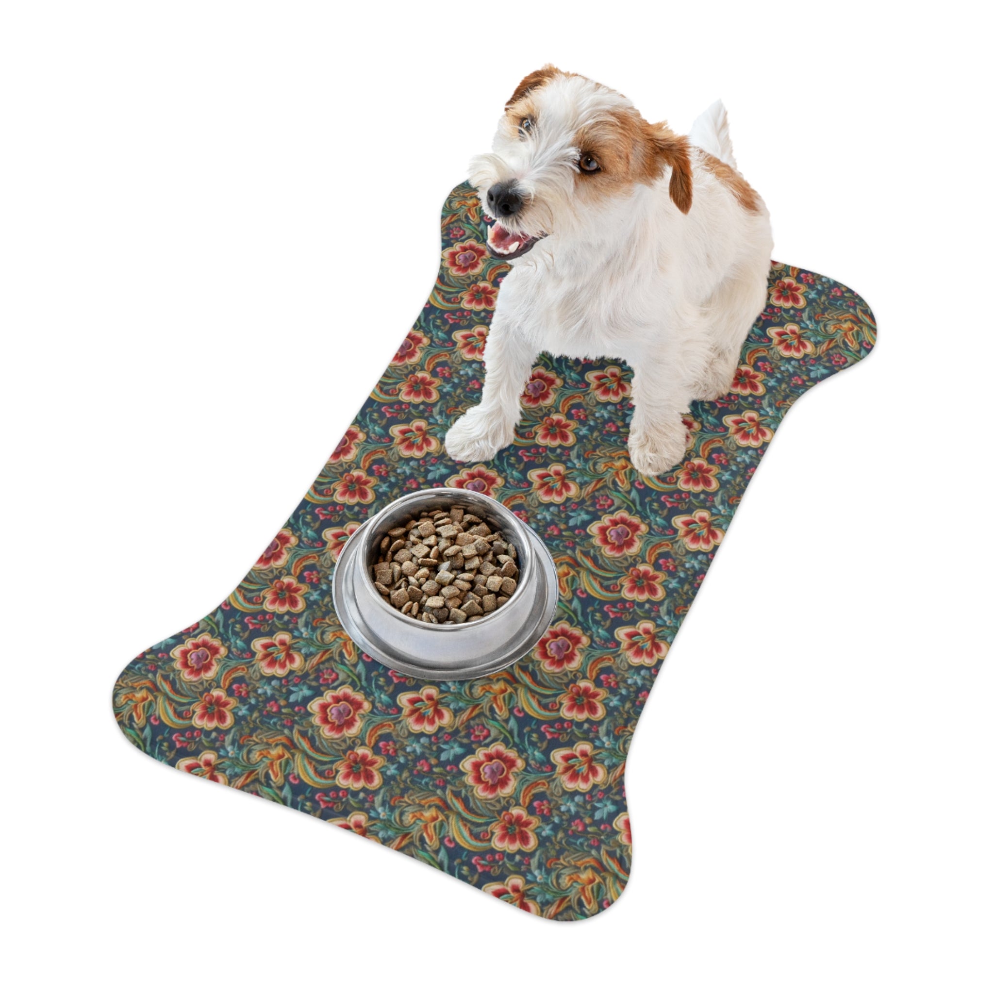 Tapis d'alimentation pour animaux Pet Ze, motif brocart vintage bleu sarcelle à fleurs cramoisies sur fond turquoise.