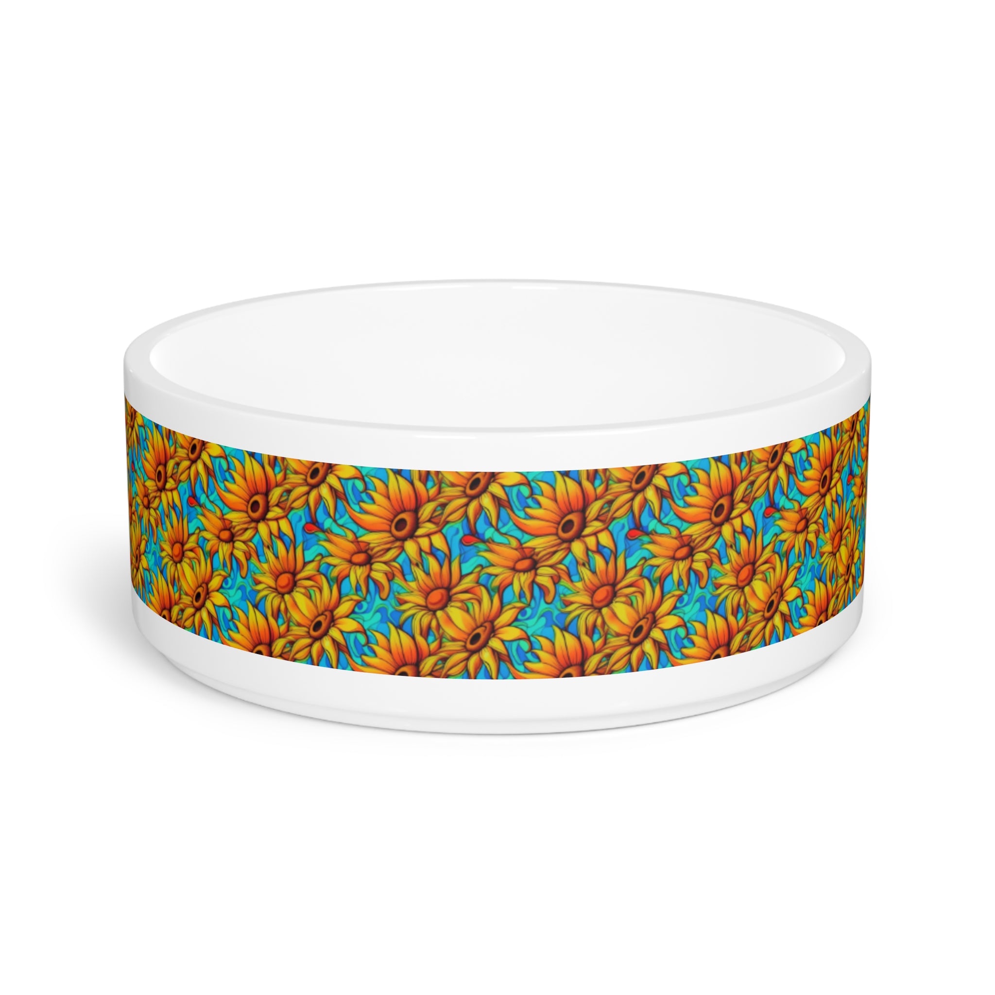 Sunflower Kaleidoscope on Turquoise Waves - Pet Bowl