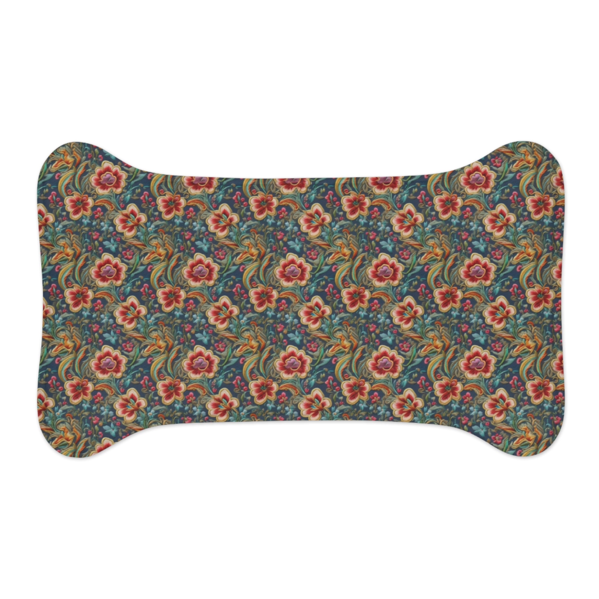 Tapis d'alimentation pour animaux Pet Ze, motif brocart vintage bleu sarcelle à fleurs cramoisies sur fond turquoise.