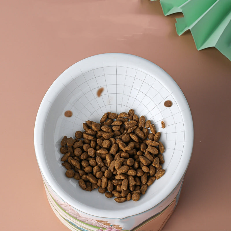 Chinese Style Ceramic Cat Bowl High Leg Double Bowl Oblique Mouth