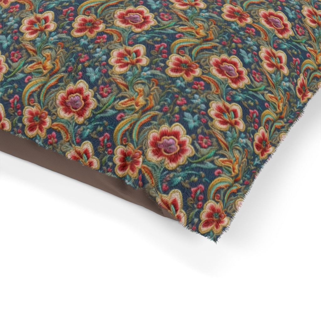 Flores carmesí sobre brocado vintage verde azulado - Cama para mascotas Pet Zen