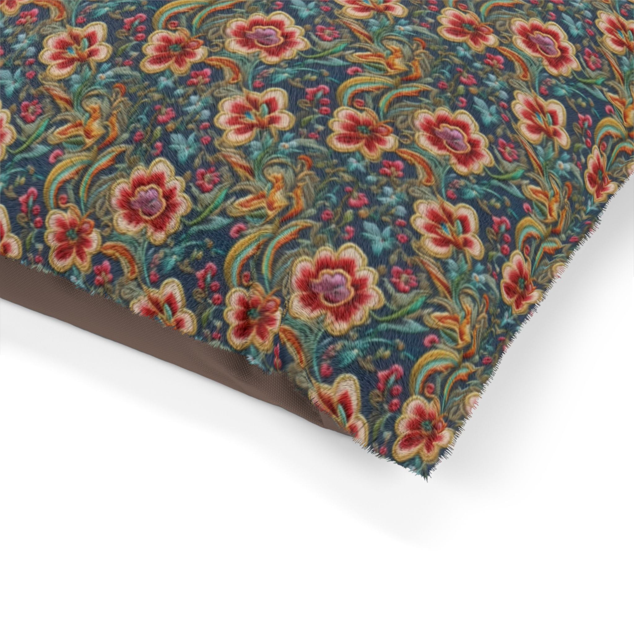 Flores carmesí sobre brocado vintage verde azulado - Cama para mascotas Pet Zen