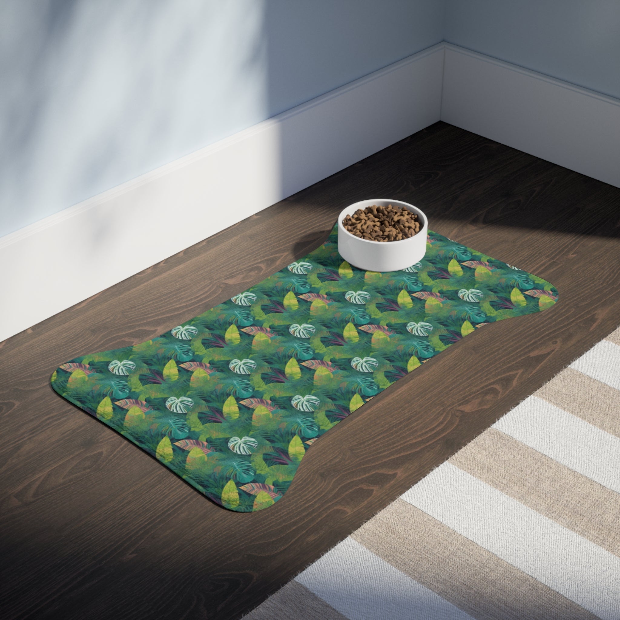 Patrón de dosel esmeralda de hojas tropicales - Tapete de alimentación para mascotas Pet Ze