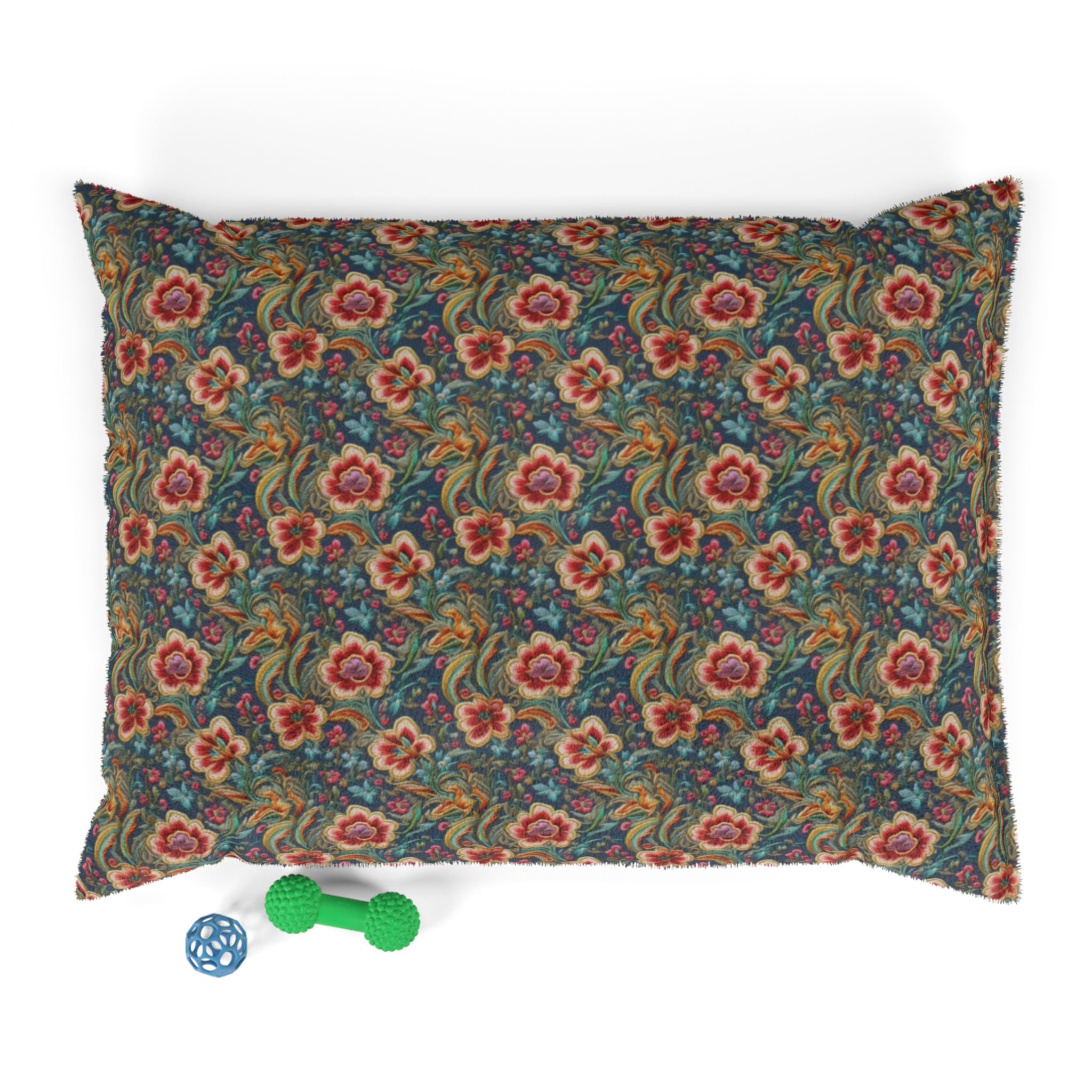 Flores carmesí sobre brocado vintage verde azulado - Cama para mascotas Pet Zen