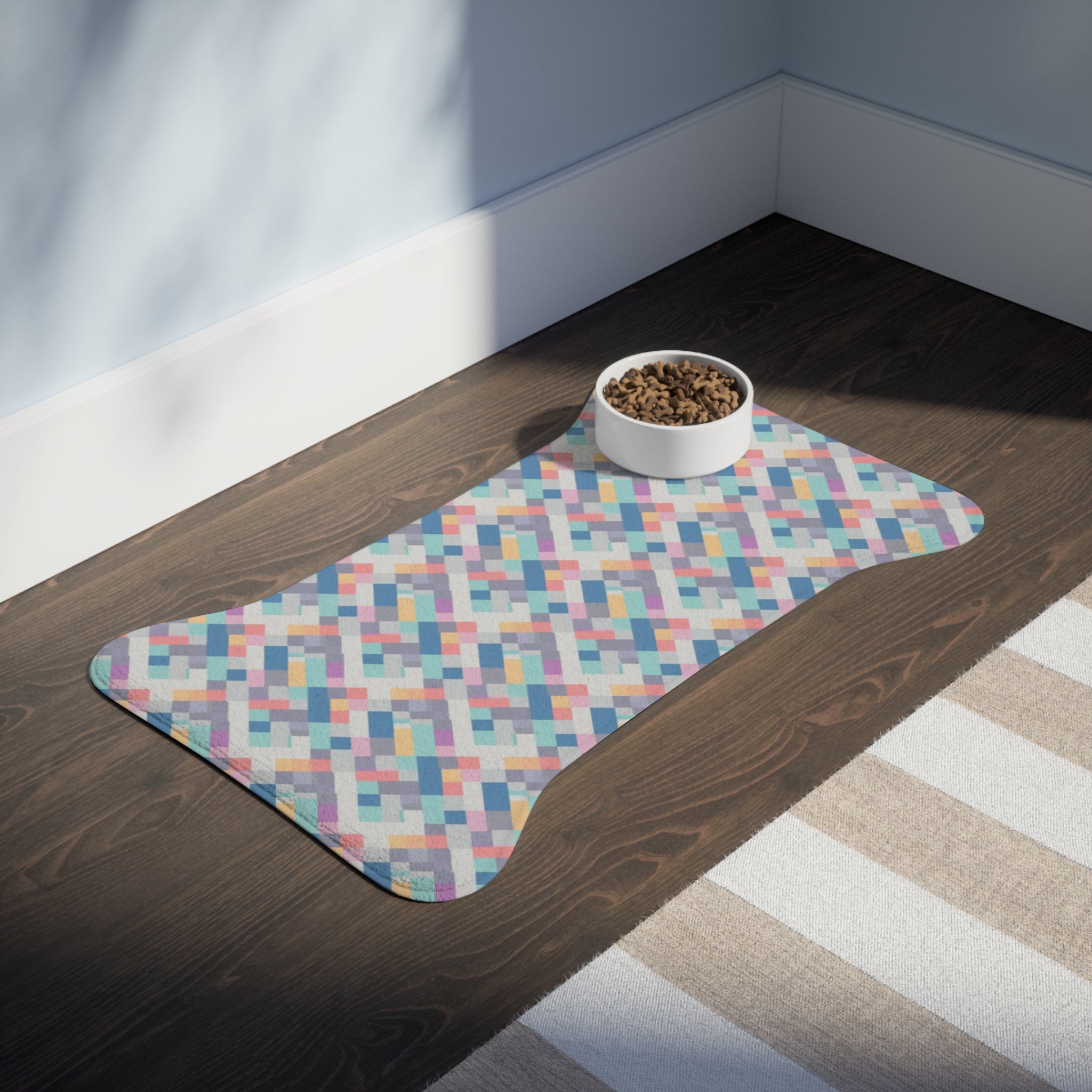 Tapis d'alimentation pour animaux Pet Ze, motif pixel pastel tissé en diagonale harmonieuse
