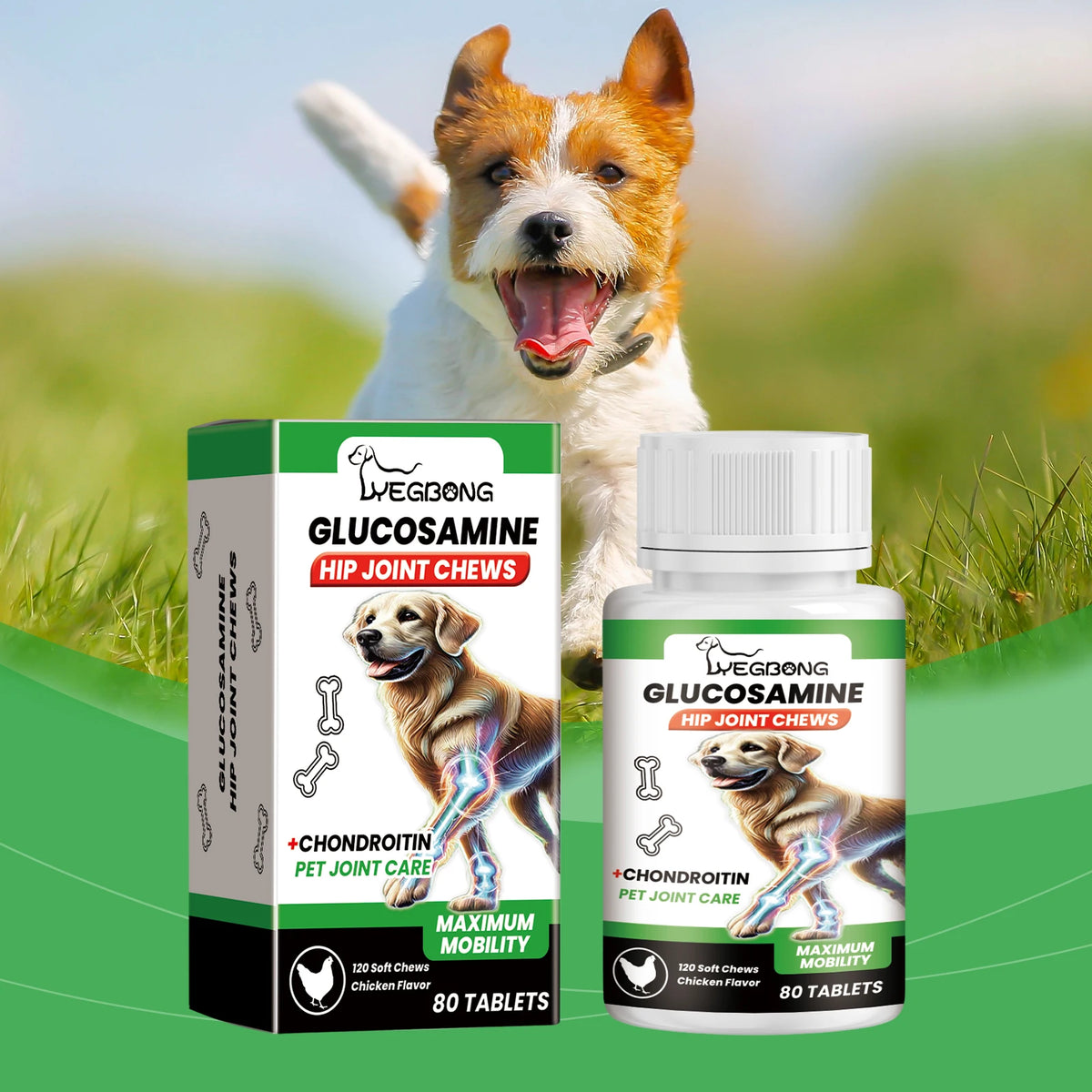 Comprimés pour les articulations du chien, favorisent la mobilité articulaire, stimulent la vitalité, maintiennent la santé du cartilage, soutien nutritionnel quotidien pour les chiens