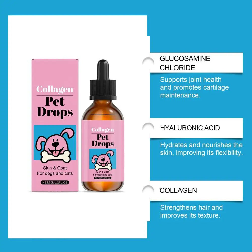 Pet Collagen Gouttes 60ml Complément Peau et Pelage pour Chiens Chats Liquide Hydratant Complément Nutrition Quotidienne Accessoires pour Chiens