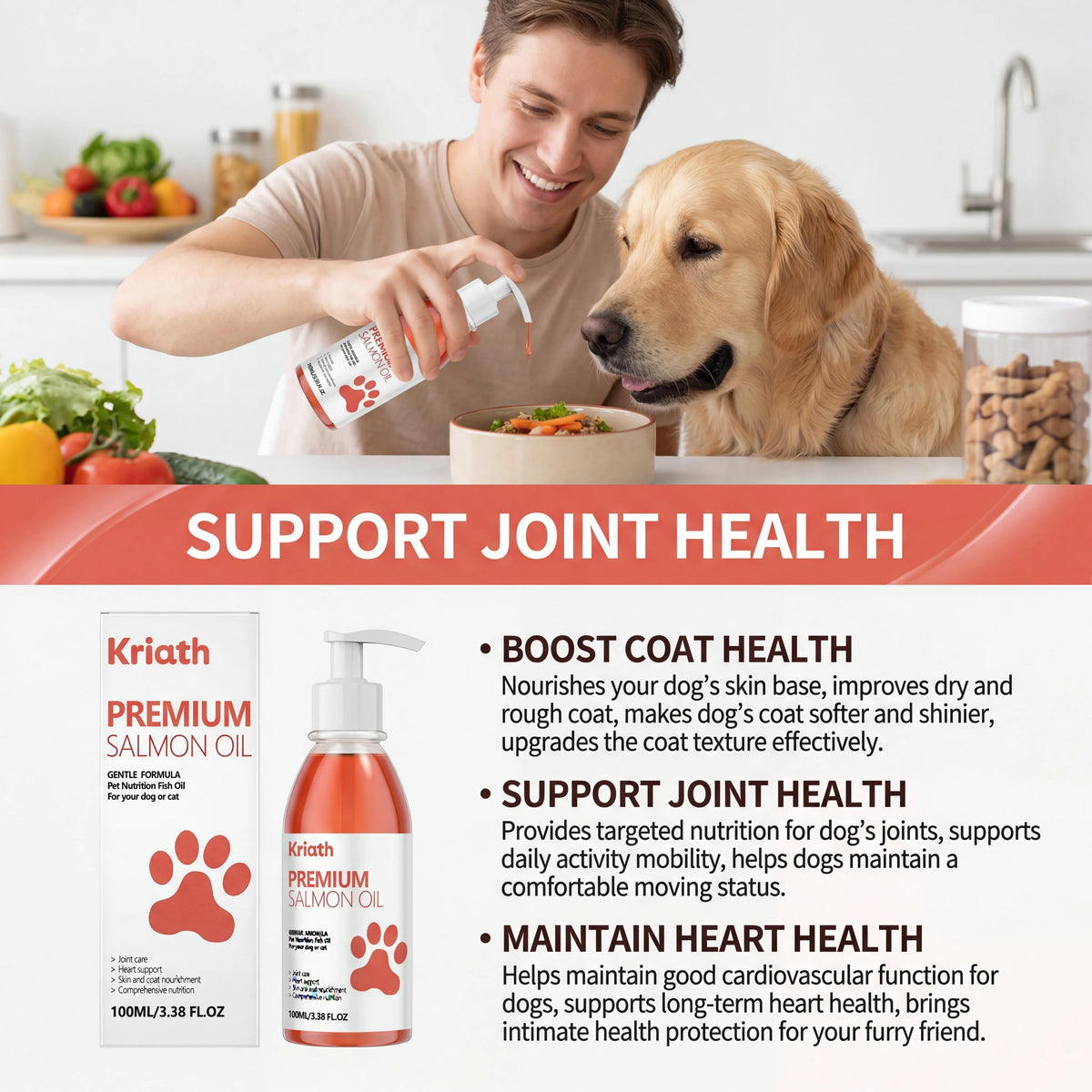 Huile de Saumon Naturelle pour Animaux de Compagnie, Complément Alimentaire Liquide pour Chien, Vitamine E, Pelage Brillant et Santé Cardiaque, Formule Douce, Flacon Pompe