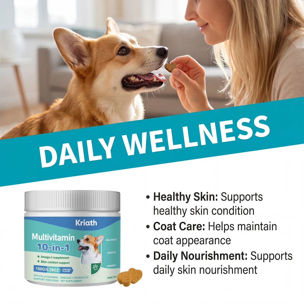 Complément Multivitaminé 10-en-1 pour Chien Kriath - Favorise la santé de la peau et du pelage, Soutient la santé intestinale, la mobilité et la santé globale