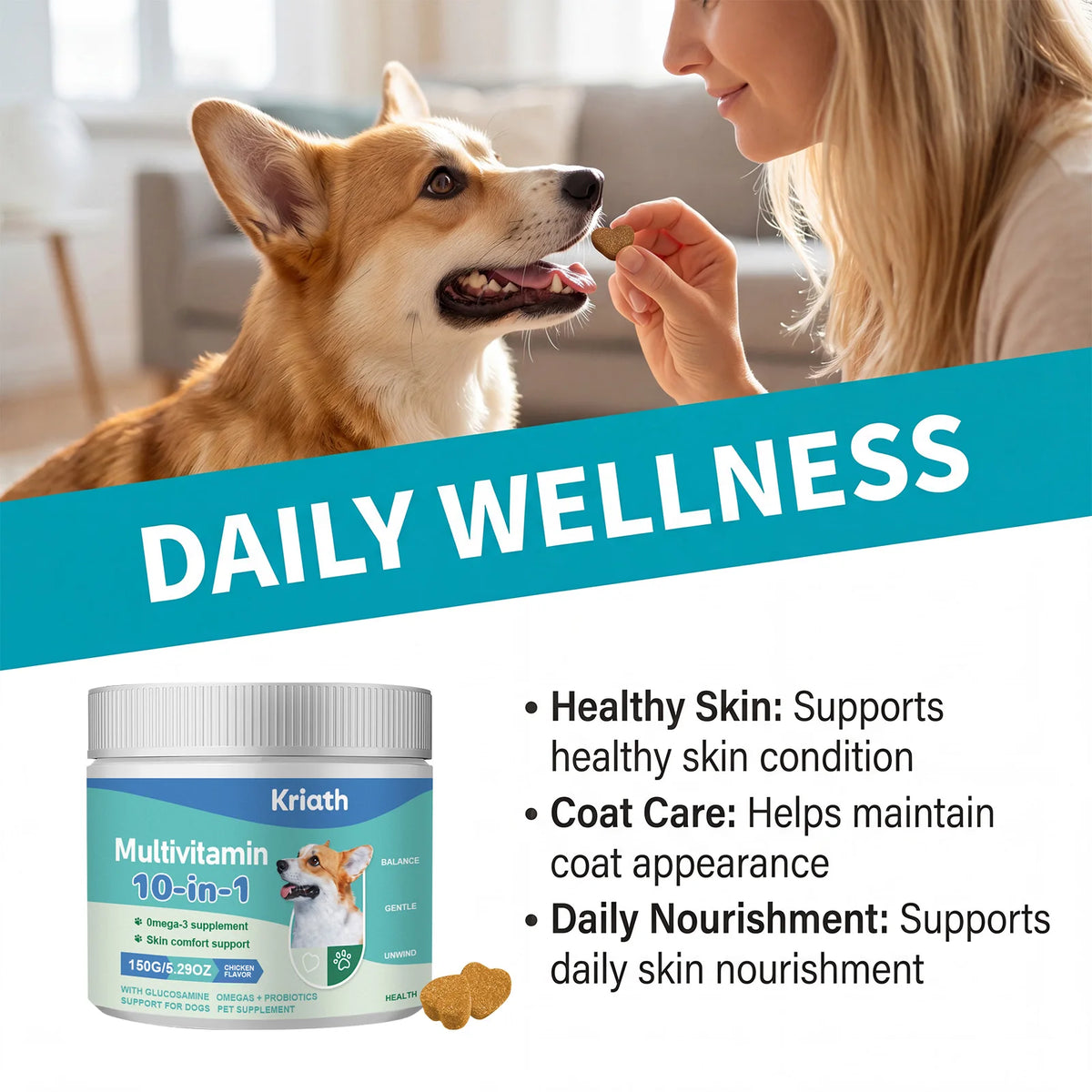 Complément Multivitaminé 10-en-1 pour Chien Kriath - Favorise la santé de la peau et du pelage, Soutient la santé intestinale, la mobilité et la santé globale