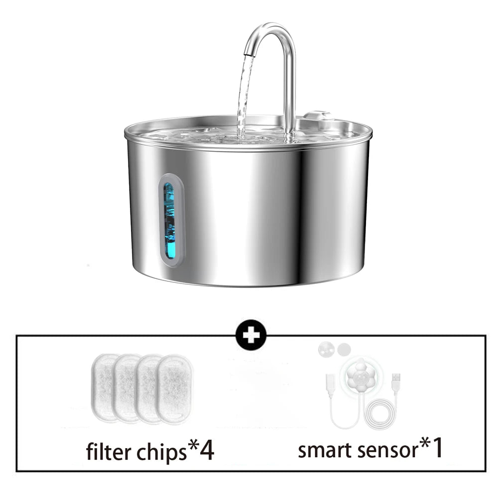 ZYFeeder 2,2L Fontaine à Eau Automatique en Acier Inoxydable Distributeur d'Eau pour Animaux de Compagnie Chien/Chat Silencieux avec Fenêtre