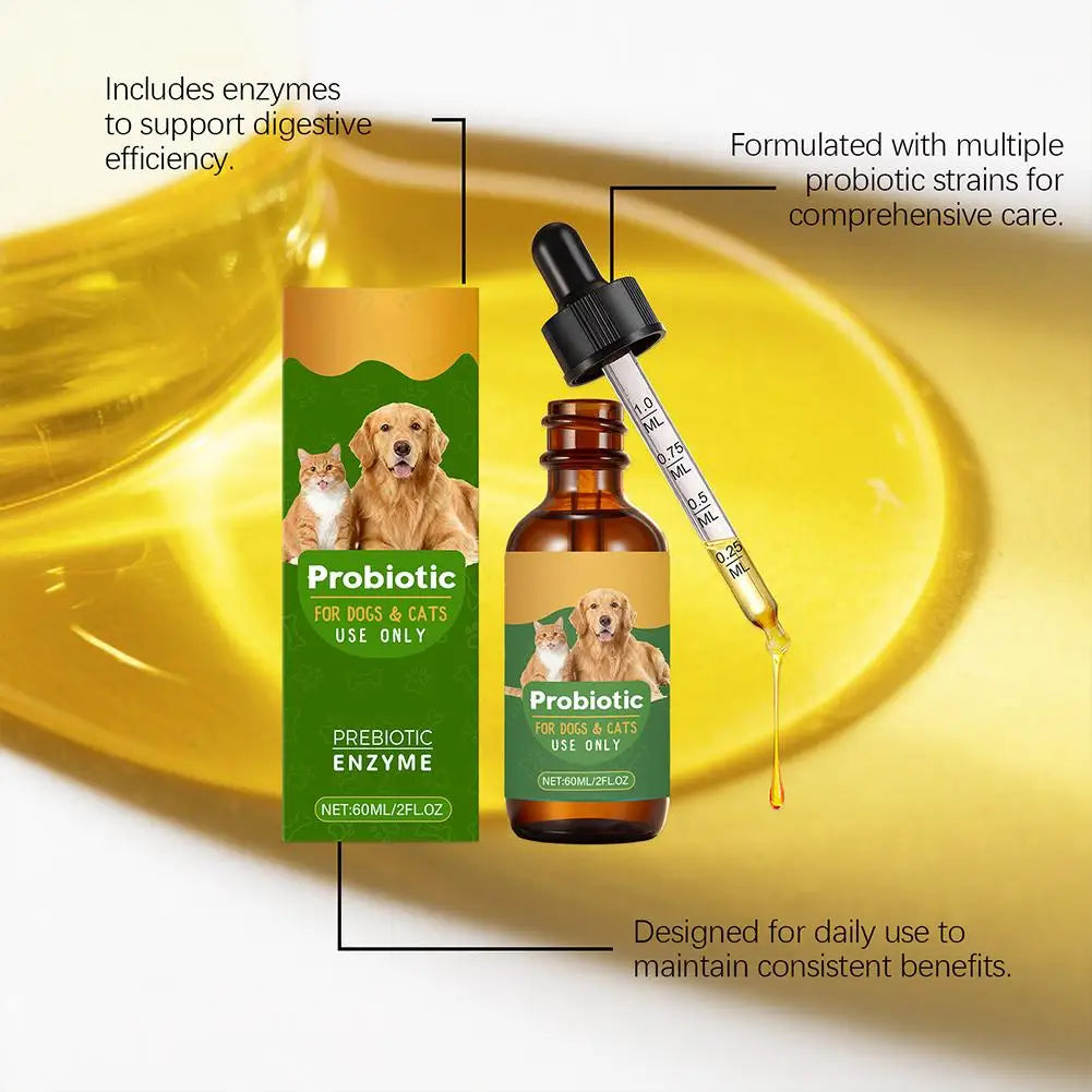 Gouttes de probiotiques 60ML de supplément nutritionnel pour animaux de compagnie contenant des enzymes utilisées pour la digestion et la santé immunitaire quotidienne des animaux.