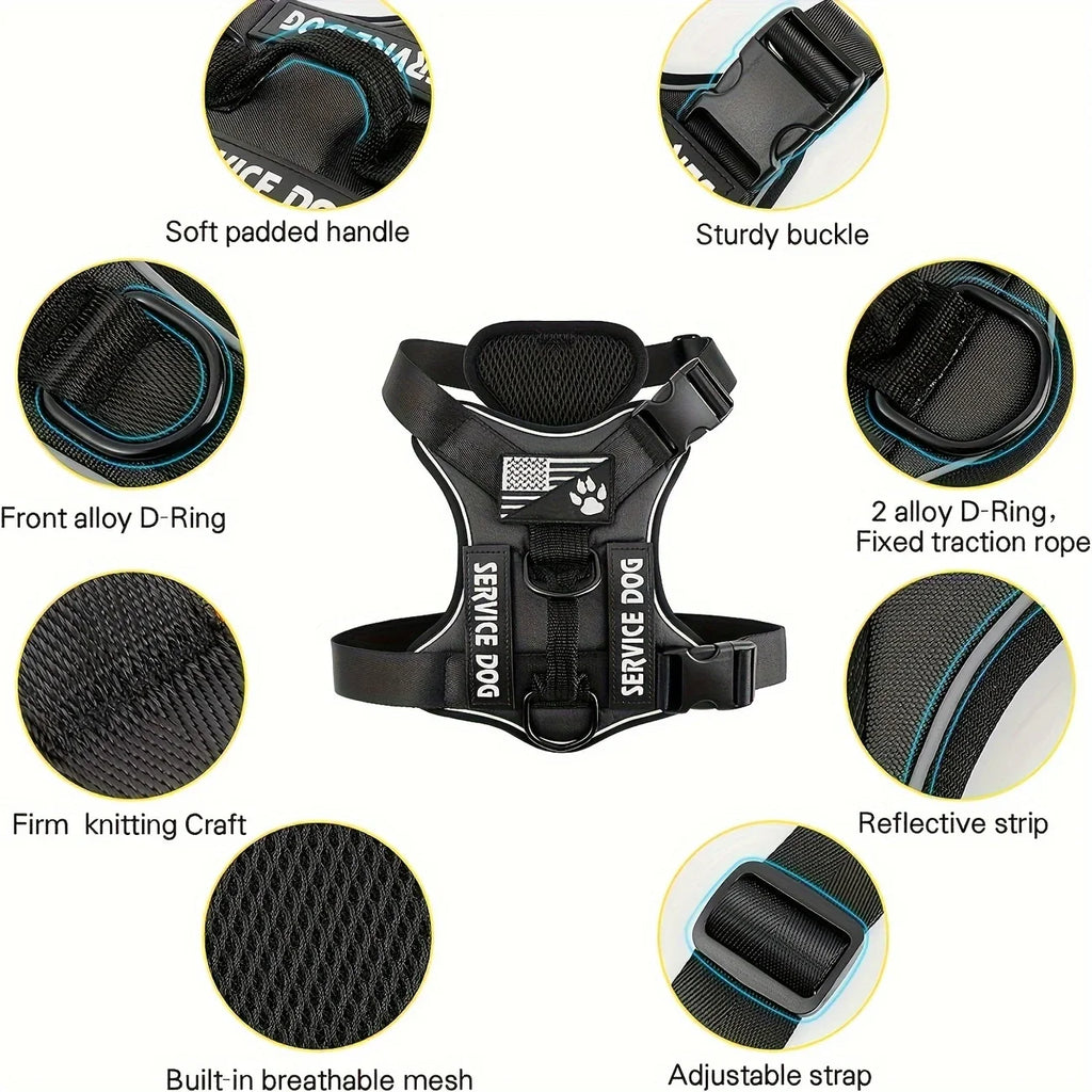 Anti-Pull Tactical Dog Harness with Night Reflective Strips, Heavy-Duty Nylon Military-Grade Vest-Style Leash for Large Dog