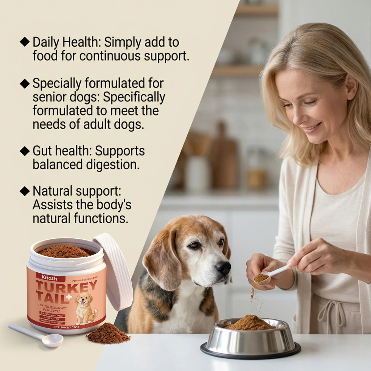Suplemento en Polvo para la Salud Nutricional Canina Mejora la Vitalidad de las Mascotas Equilibra la Flora Intestinal Piel y Pelaje Sanos Refuerza las Defensas del Cuerpo 100g