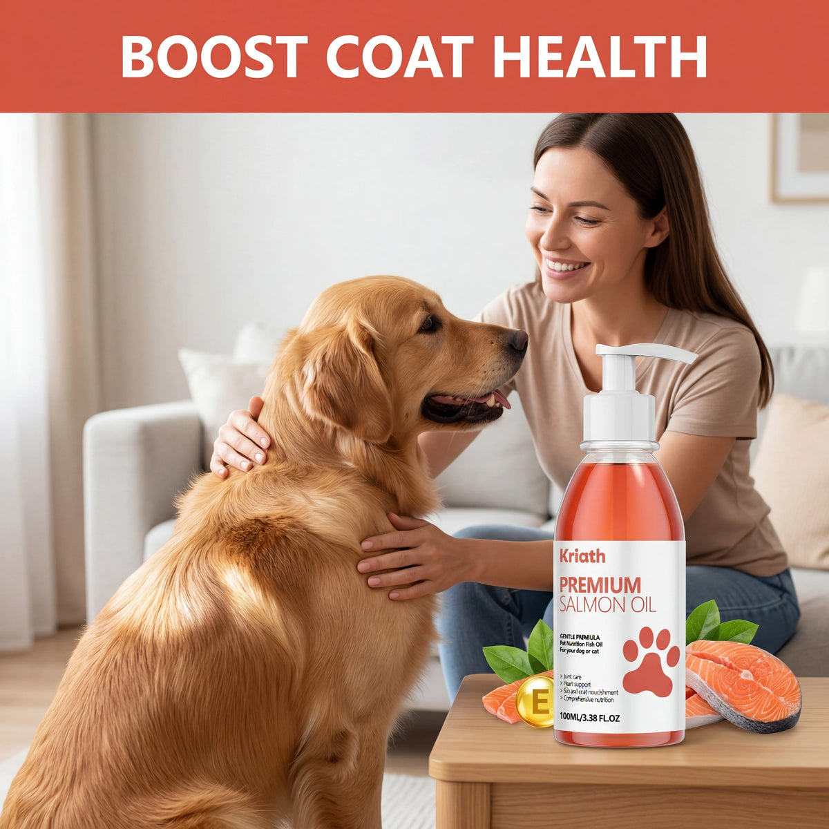 Huile de Saumon Naturelle pour Animaux de Compagnie, Complément Alimentaire Liquide pour Chien, Vitamine E, Pelage Brillant et Santé Cardiaque, Formule Douce, Flacon Pompe