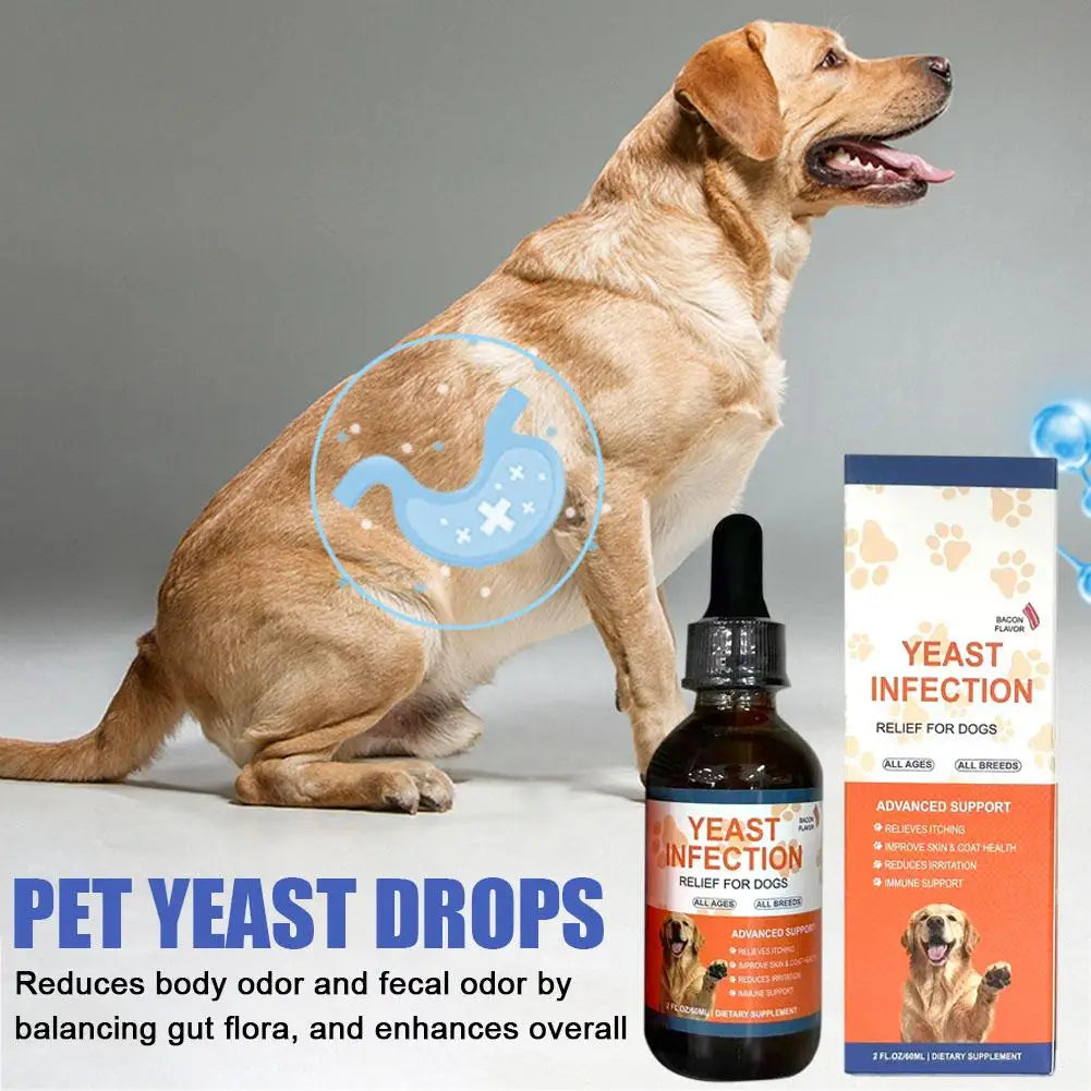 Gotas para el Alivio de Infecciones por Hongos en Perros, Alivio del Picor, Suplemento Líquido para Mascotas, Salud de la Piel y el Pelaje, Cuidado de Oídos y Ojos, Sabor a Tocino, 60ml