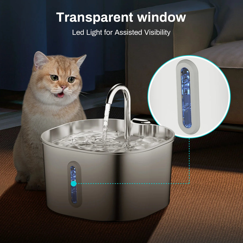 ZYFeeder Fontaine à Eau Automatique pour Chat 2,2L Carrée en Acier Inoxydable Distributeur d'Eau pour Animaux de Compagnie Chien avec Fenêtre (sans Adaptateur 5V 1A)