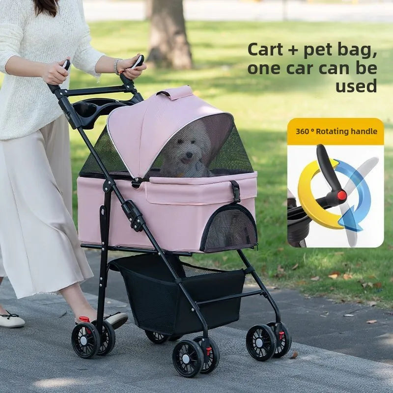 3 in 1 Dog Strollers 4 Wheels Folding Pet Stroller with Detachable Carrier  Breathable Visible Mesh Travel Carriers