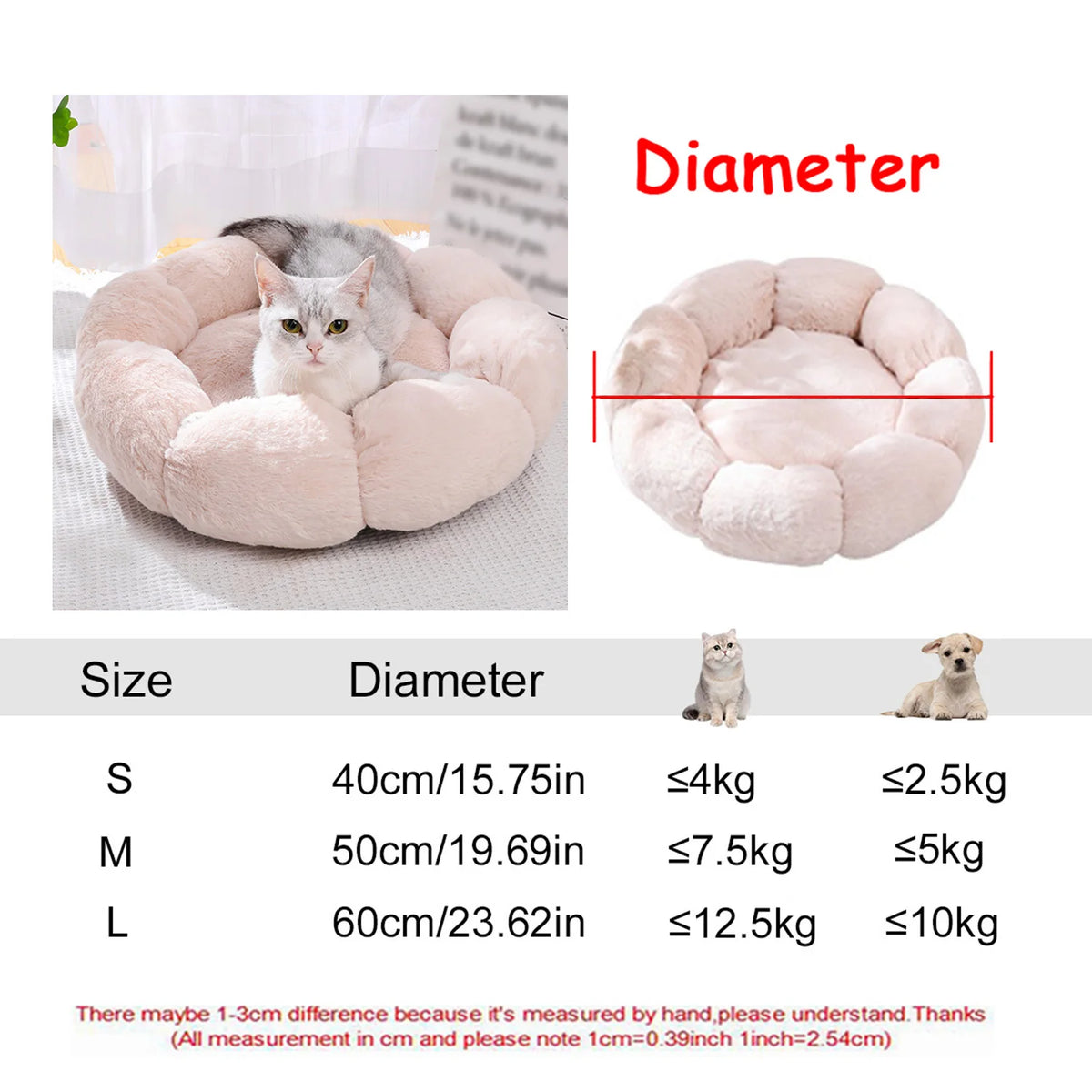 40-90cm 6 Tailles Lit Rond pour Animaux de Compagnie Grand Lit pour Chien Lit Super Doux pour Chat Niche en Peluche pour Chien Moyen Hiver Chaud Couchage