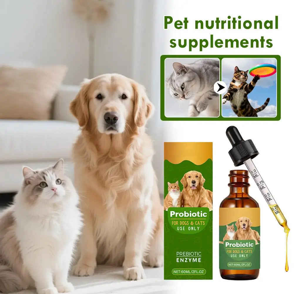 Gouttes de probiotiques 60ML de supplément nutritionnel pour animaux de compagnie contenant des enzymes utilisées pour la digestion et la santé immunitaire quotidienne des animaux.