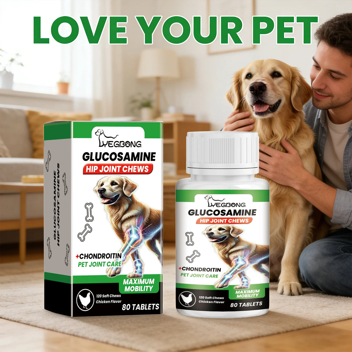 Comprimés pour les articulations Pet Joint Chew : Nourrissent, apaisent l'inconfort articulaire, améliorent la vitalité, soutiennent le tissu cartilagineux, soin des articulations, complément nutritionnel