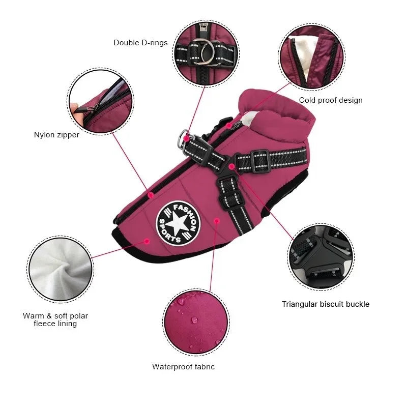 Veste pour Grand Chien avec Harnais, Vêtements d'Hiver Chauds pour Chien Labrador Imperméable, Manteau pour Grand Chien Chihuahua Bouledogue Français