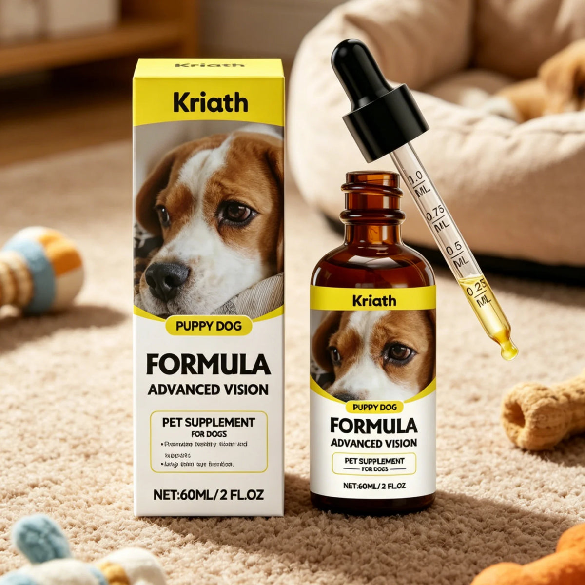 Kriath Gouttes Oculaires pour Chiens Complément Alimentaire Protection Oculaire Canine Maintien de la Santé Améliore l'Absorption des Nutriments Soutien Doux à la Vision du Chien 60 ml