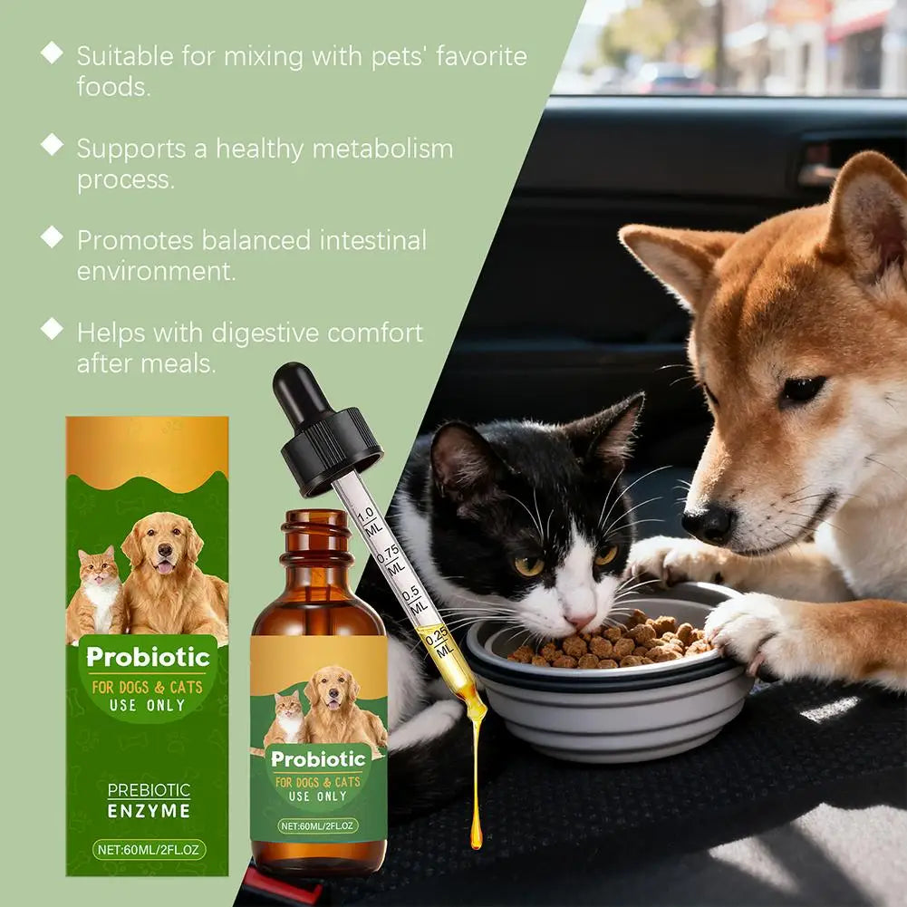 Gouttes de probiotiques 60ML de supplément nutritionnel pour animaux de compagnie contenant des enzymes utilisées pour la digestion et la santé immunitaire quotidienne des animaux.