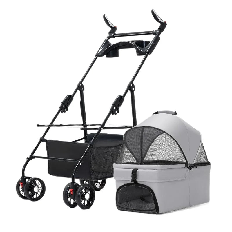 3 in 1 Dog Strollers 4 Wheels Folding Pet Stroller with Detachable Carrier  Breathable Visible Mesh Travel Carriers