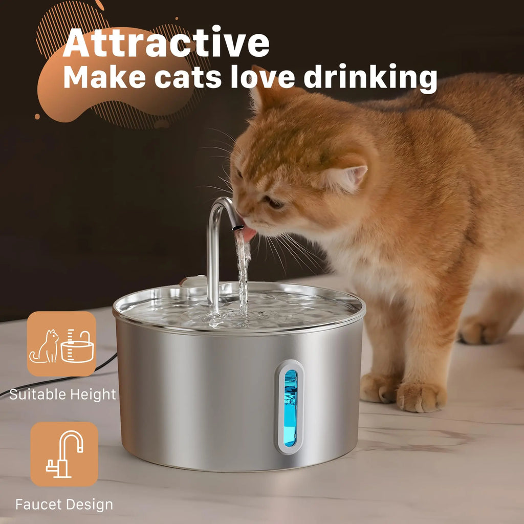 ZYFeeder 2,2L Fontaine à Eau Automatique en Acier Inoxydable Distributeur d'Eau pour Animaux de Compagnie Chien/Chat Silencieux avec Fenêtre