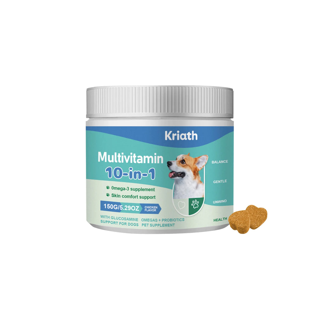 Complément Multivitaminé 10-en-1 pour Chien Kriath - Favorise la santé de la peau et du pelage, Soutient la santé intestinale, la mobilité et la santé globale