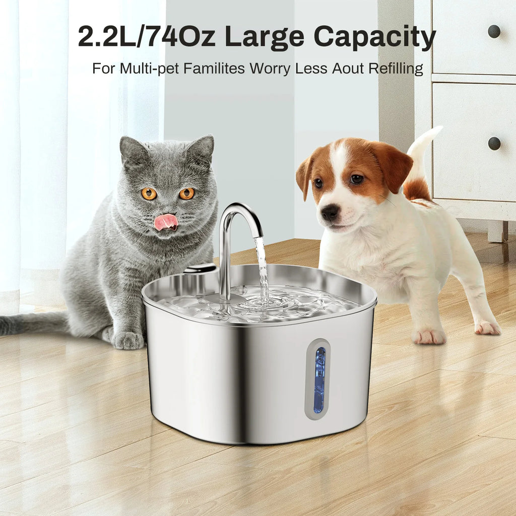 ZYFeeder Fontaine à Eau Automatique pour Chat 2,2L Carrée en Acier Inoxydable Distributeur d'Eau pour Animaux de Compagnie Chien avec Fenêtre (sans Adaptateur 5V 1A)