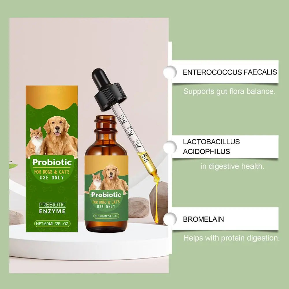 Gouttes de probiotiques 60ML de supplément nutritionnel pour animaux de compagnie contenant des enzymes utilisées pour la digestion et la santé immunitaire quotidienne des animaux.