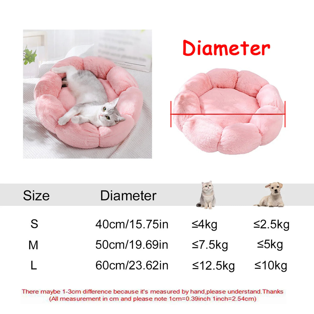 40-90cm 6 Tailles Lit Rond pour Animaux de Compagnie Grand Lit pour Chien Lit Super Doux pour Chat Niche en Peluche pour Chien Moyen Hiver Chaud Couchage