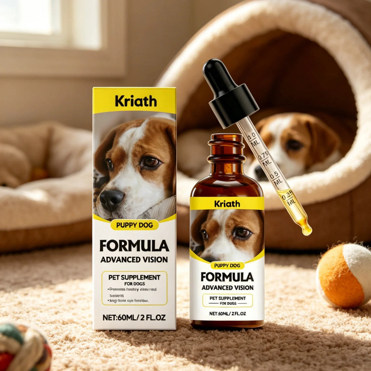 Kriath Gouttes Oculaires pour Chiens Complément Alimentaire Protection Oculaire Canine Maintien de la Santé Améliore l'Absorption des Nutriments Soutien Doux à la Vision du Chien 60 ml
