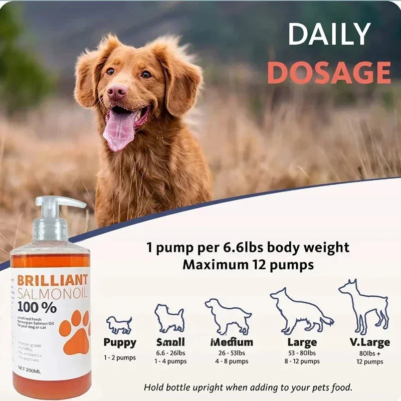 Marque 200ml PET BRILLIANT Huile de SAUMON Pure Naturelle Sans Traitement Chimique 21 Acides Gras Oméga Compléments Nutritionnels pour Chiens