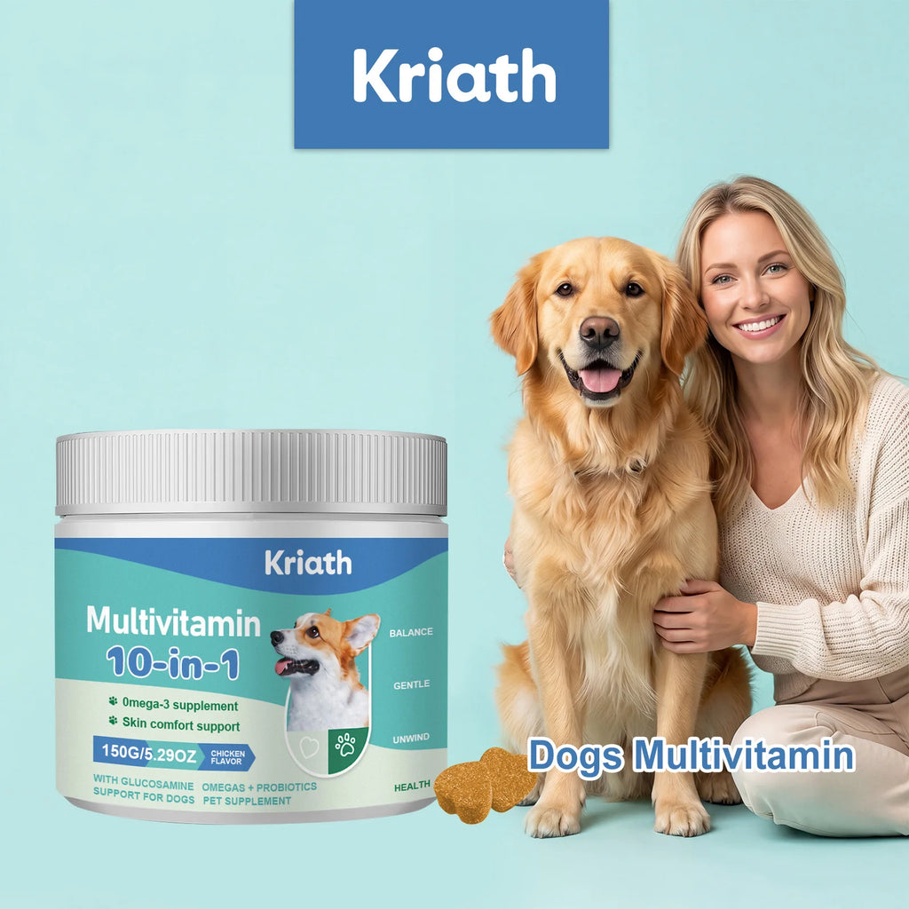 Complément Multivitaminé 10-en-1 pour Chien Kriath - Favorise la santé de la peau et du pelage, Soutient la santé intestinale, la mobilité et la santé globale