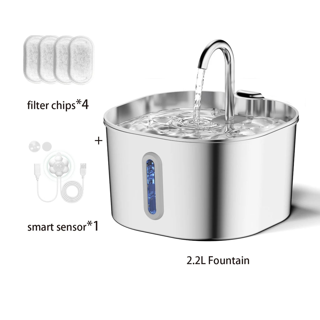 ZYFeeder Fontaine à Eau Automatique pour Chat 2,2L Carrée en Acier Inoxydable Distributeur d'Eau pour Animaux de Compagnie Chien avec Fenêtre (sans Adaptateur 5V 1A)