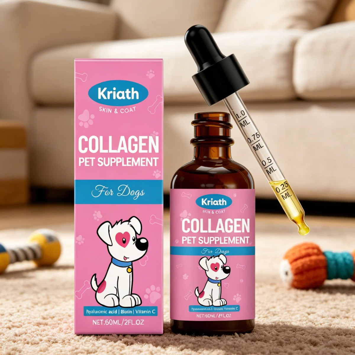 Kriath Collagène pour chien Améliore la peau sèche et les démangeaisons, lisse les poils abîmés et cassants, renforce les ongles de chien Gouttes nutritionnelles canines