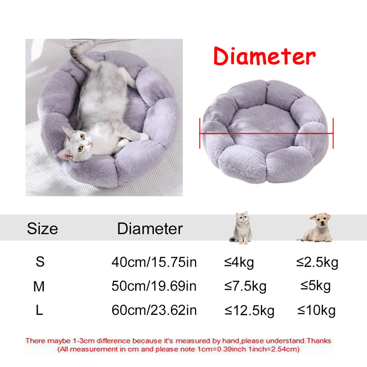 40-90cm 6 Tailles Lit Rond pour Animaux de Compagnie Grand Lit pour Chien Lit Super Doux pour Chat Niche en Peluche pour Chien Moyen Hiver Chaud Couchage