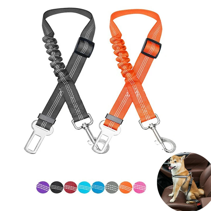 Cinturón de seguridad ajustable para perros, arnés para coche, nailon reflectante, amortiguación, elasticidad, accesorios de viaje para perros