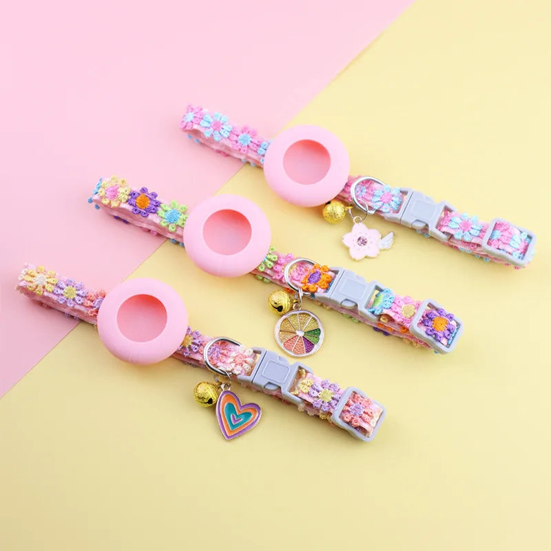 Pour Airtag Collier de Chat avec Pendentif Cœur Fille Chat Mignon Fleur de Positionnement Housse Collier de Chat Chaton Chiot Lapin Sans Airtag