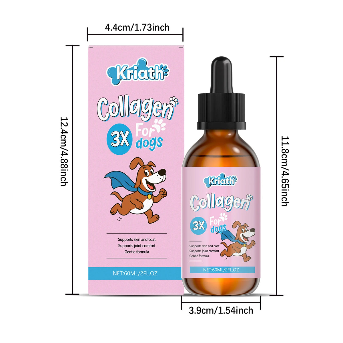 Gouttes de Soin au Collagène pour Animaux de Compagnie 60ML Formule Douce Améliore la Santé des Poils et de la Peau des Animaux Supplément Nutritionnel Quotidien Gouttes Liquides pour Chien