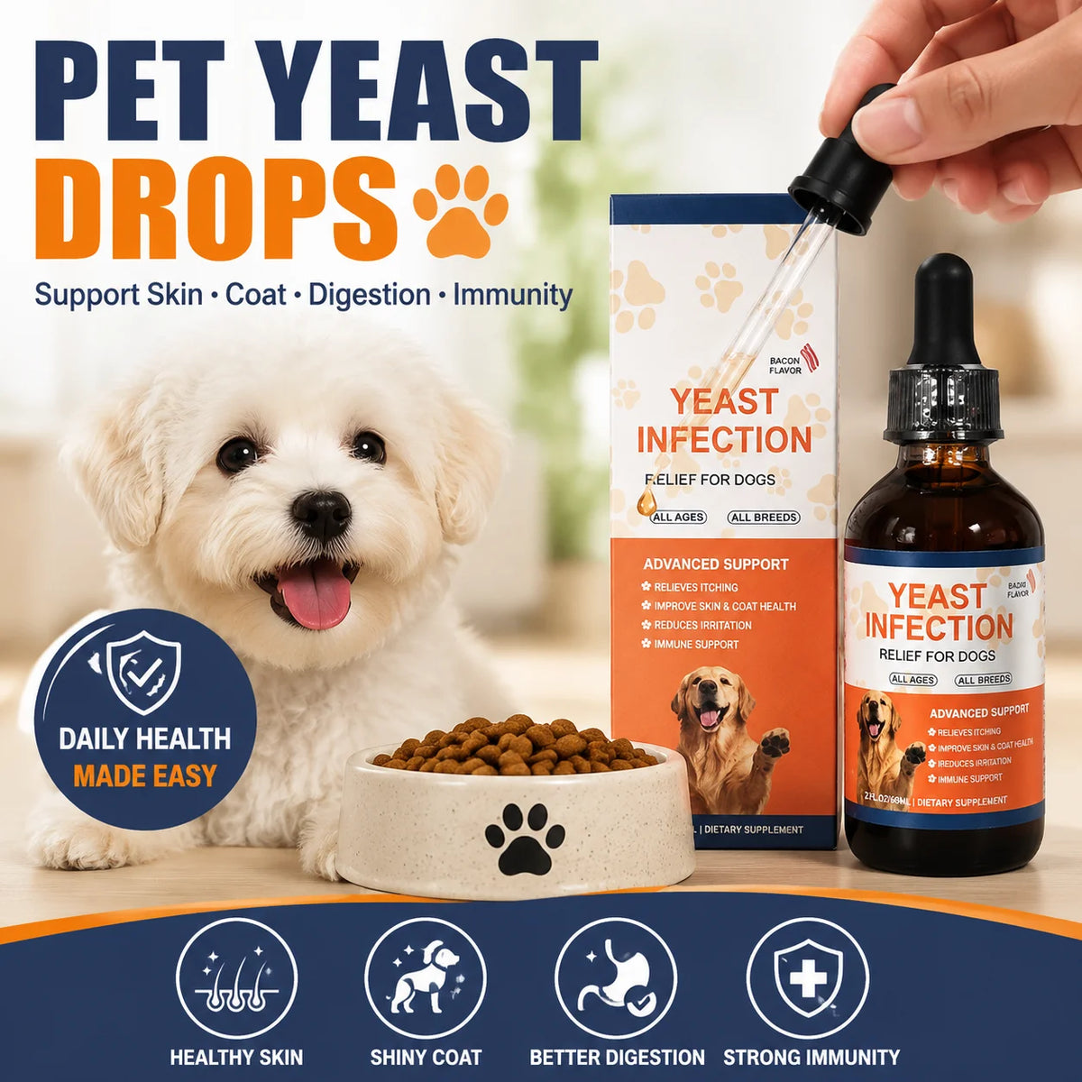 Gotas para el Alivio de Infecciones por Hongos en Perros, Alivio del Picor, Suplemento Líquido para Mascotas, Salud de la Piel y el Pelaje, Cuidado de Oídos y Ojos, Sabor a Tocino, 60ml