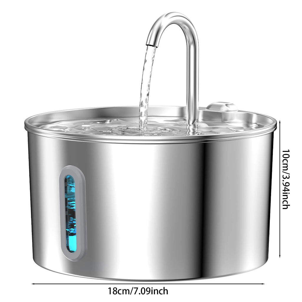 ZYFeeder 2,2L Fontaine à Eau Automatique en Acier Inoxydable Distributeur d'Eau pour Animaux de Compagnie Chien/Chat Silencieux avec Fenêtre