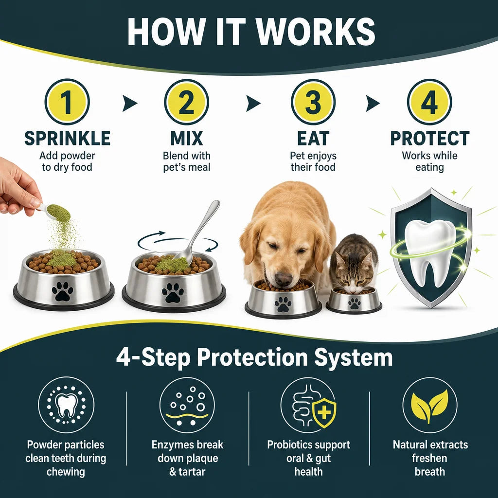 Poudre dentaire naturelle pour animaux de compagnie - Nettoie les dents des chiens, élimine la plaque dentaire, traite la mauvaise haleine des chats, élimine le tartre, complément alimentaire pour l'hygiène bucco-dentaire